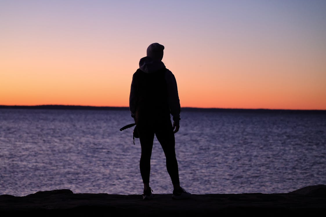 Silhouette of person standing at water at dusk
